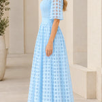 Mock Neck Sheer Grid Overlay Maxi Dress with Flutter Half Sleeves