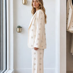 Women's 3-Piece Rhinestone Embellished Blazer Crop Top & Wide Leg Pants Set