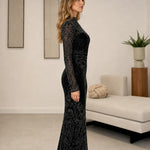 High Neck Sequin Embellished Long Sleeve Formal Maxi Evening Gown