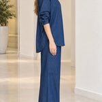 Women's Floral Embroidered Denim Shirt and Wide-Leg Pants Set