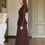 Long Sleeve Lace Peplum Evening Gown with Pleated Maxi Skirt