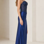 Sleeveless Beaded Corset Slit Formal Evening Dress