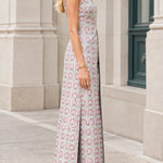 Sleeveless Mandarin Collar Jacquard Maxi Jumpsuit with Slit Overlay