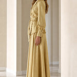 Elegant Satin Wrap Blazer Top and Maxi Skirt Two-Piece Set