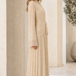 Elegant Pleated Shimmer Long Sleeve Maxi Dress with Waist Tie