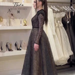 Long Sleeve Beaded Mock Neck Lace A-Line Tea-Length Evening Dress