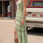 Boho Corset Bodice Tiered Maxi Dress with Lace Insets and Front Slit