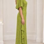 Embellished High-Neck Jacquard Maxi Dress with Flutter Sleeves and Cascade Ruffle