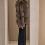 Stand Collar Paneled Faux Fur Plush Winter Jacket