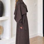 Women's Belted Midi Trench Coat with Draped Cape Detail
