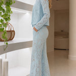 Floral Lace Two-Piece Pant Suit Set with Stand Collar Jacket and Flare Trousers