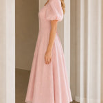 Square Neck Puff Sleeve Embroidered A-Line Midi Dress