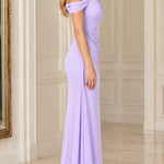 Off-the-Shoulder Ruched Formal Evening Gown with Beaded Applique