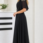 Elegant V-Neck Flutter Sleeve Chiffon Maxi Evening Dress with Embellished Waist