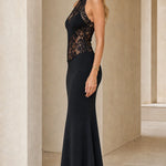 Elegance Halter Neck Lace Panel Maxi Evening Dress
