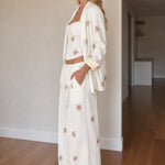 Floral Embroidered 3-Piece Pantsuit Set with Corset Top & Wide-Leg Trousers