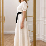 Women's Textured Puff Sleeve A-Line Midi Dress with Velvet Waist Tie