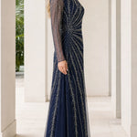 Long Sleeve Beaded Tulle Evening Maxi Gown