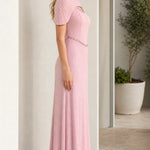 Pleated Cape Sleeve Beaded Maxi Dress with Cutout Detail