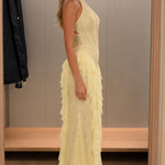 Elegance Halter Neck Beaded Ruffle Maxi Dress