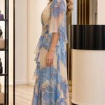 Floral Chiffon V-Neck Maxi Dress with Embellished Waist and Flutter Sleeves