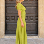 Elegant V-Neck Ruched Midi Dress with Pleated Skirt