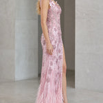 Sequined Corset Evening Gown with Bow Straps and Feather Hem