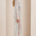 Beaded Cape Sleeve Mermaid Evening Gown with Fringe Tassels