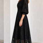 Floral Lace Puff Sleeve Scalloped Neck A-Line Midi Dress