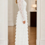 Elegant Lace Mock Neck Tiered Ruffle Maxi Dress