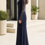 High Neck Sequin Lace Evening Gown with Long Sleeves