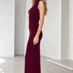 Sleeveless Mock Neck Ruched Glitter Maxi Dress