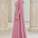 Elegant Beaded High-Neck Chiffon Evening Gown with Cape Sleeves