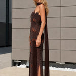 Elegance Beaded Halter Fringe Evening Gown