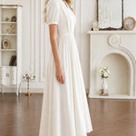 Short Sleeve Pleated V-Neck Midi Dress with Belt