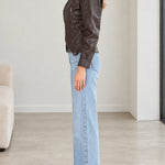 Women's High Neck Buckle Faux Leather Jacket with Pointed Hem