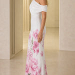 One-Shoulder Draped Sequin Floral Long Evening Gown
