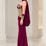 Strapless Sequin Corset Evening Gown with Embellished Cape Shawl