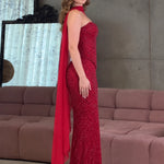 Strapless Sweetheart Sequin Mermaid Evening Gown with Chiffon Cape Scarf