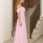 Off-the-Shoulder Beaded Ruched Chiffon Evening Gown