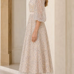 Cold Shoulder Embroidered Lace Midi Dress with Puff Sleeves and Tie Waist