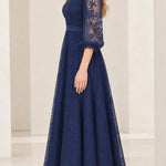 Elegant Floral Lace V-Neck A-Line Maxi Dress with 3/4 Sleeves
