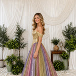 Off-The-Shoulder Mirrored Bodice Pleated Ball Gown with Shimmer Skirt