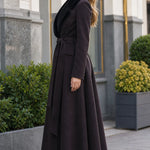 Elegant Faux Fur Shawl Collar Belted Maxi Flare Coat