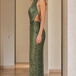 High Neck Pleated Shimmer Backless Maxi Evening Dress