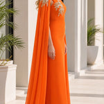 Elegant Evening Dress with Attached Cape & Gold Embroidery