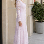 Square Neck Floral Lace Long Sleeve Midi Dress with Crystal Buttons