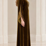 Women's Embroidered Velvet Kaftan Maxi Dress with Beaded Fringe V-Neck