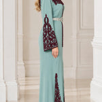 Embroidered Moroccan Caftan Maxi Dress with Ornate Belt and Flared Sleeves