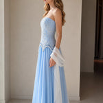 Strapless Beaded Corset Evening Gown with Scalloped Fringe & Chiffon Skirt